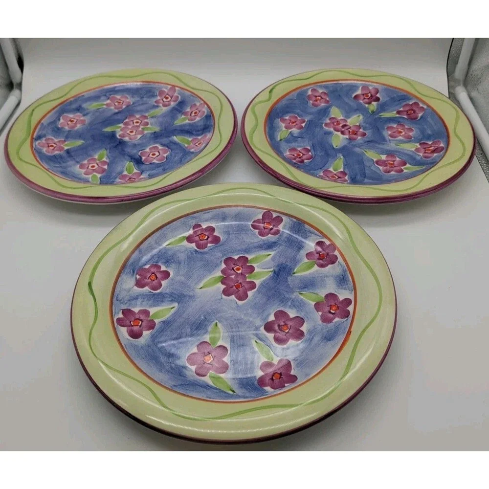 3 Vtg CIC Coupe Dinner Plates  Green Rim Pink Flowers Spring Summer Floral
